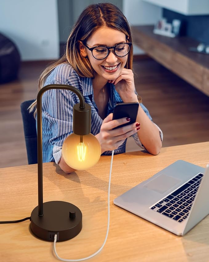 ONEWISH Industrial Table Lamp with 2 USB Port, Fully Dimmable Nightstand Bedside Lamps for Bedroom,Desk Lamps with 2700K Black Gradient Bulb for Reading Living Room,Office