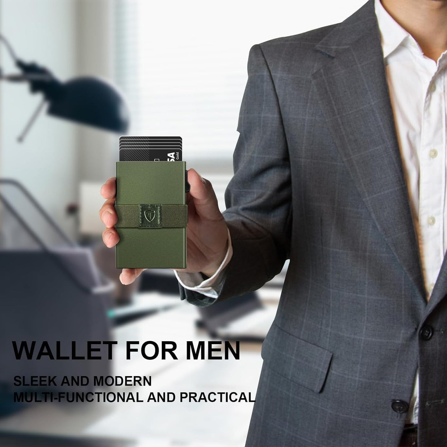 Slim Card Wallet,Minimalist Metal Wallets Pop Up Quick Access Card Holder for Men RFID Blocking Protection 12+ Card Capacity Expandable Backplate & Cash Band for Breast/Back/Front Pocket,Green