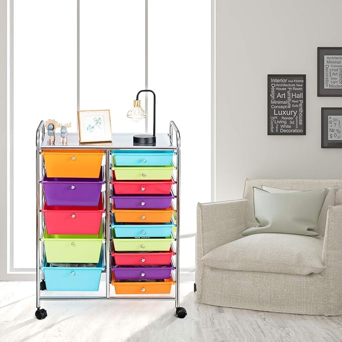 RELAX4LIFE 15 Drawer Rolling Storage Cart, Mobile Drawer Carts for Craft Art Supply Paper Salon, Utility Cart on Wheels for Classroom Teacher School Office, Rolling Cart with Drawers (Multi-Color)