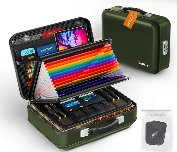Fireproof Document Box with Lock, 5200°F Fireproof Water Resistant Hard Case File Organizer Safe Box for Important Documents, Certificates, Laptop, Passports (Green)