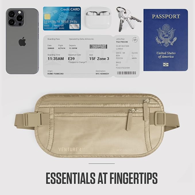 VENTURE 4TH Travel Money Belt, RFID Blocking Passport Holder - Sleek Beige