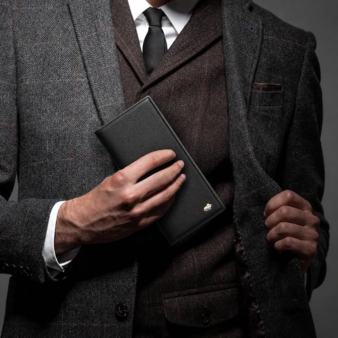 BISON DENIM Long Wallet for Men, RFID Leather Bifold, 12 Card Slots, Black | mens long bifold wallet checkbook billfold credit card holder id window zipper coin pocket slim cowhide purse organizer