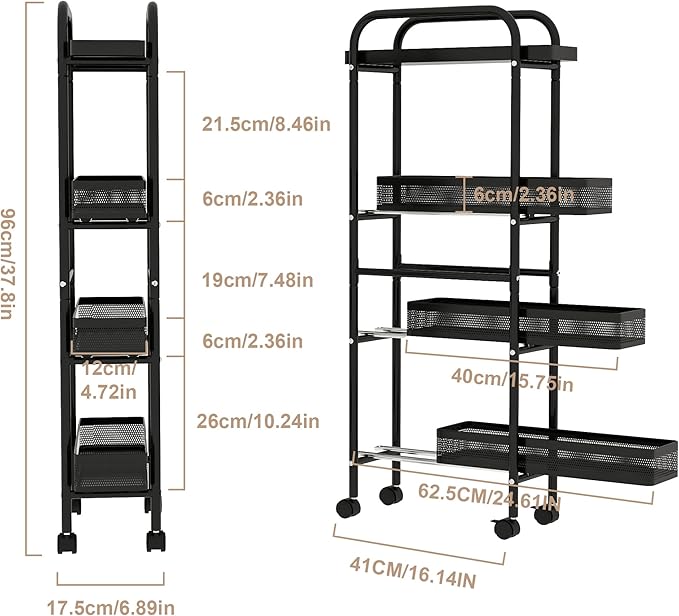 UMDONX 4-Tier Narrow Mobile Storage Cart with Pull-Out Baskets | The Multifunctional Pull-out Storage Rack Is Suitable for Bathrooms, Kitchens, and Laundry Rooms