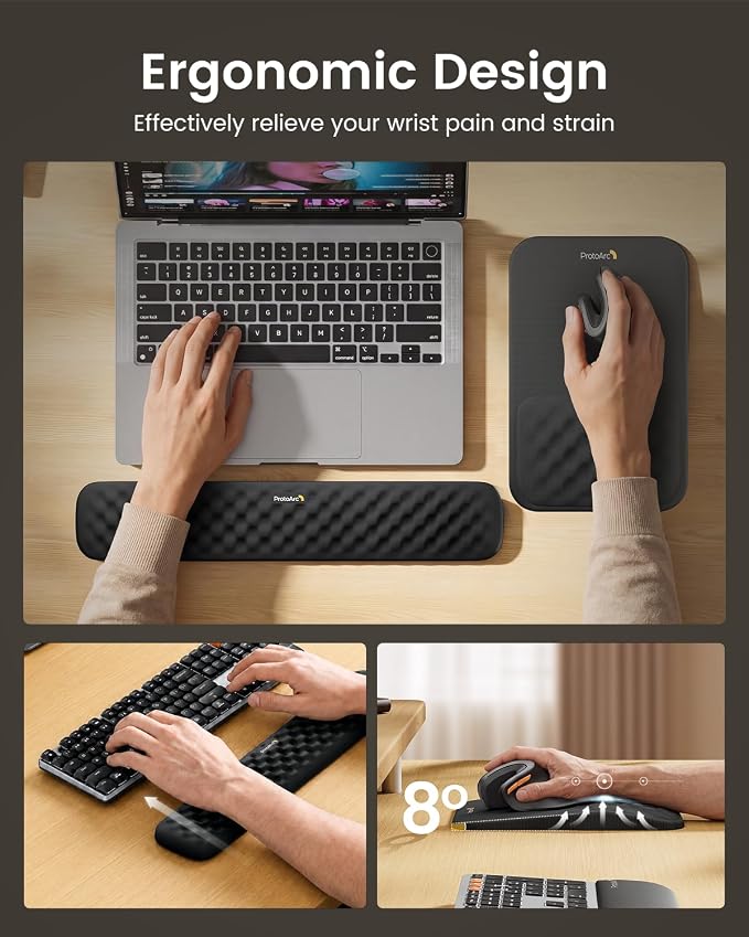 ProtoArc KMP50 Ergonomic Mouse Pad with Wrist Rest, Lycra Surface, Black | 8° slope & massage points with slow-rebound memory foam, Non-slip base. Relieves wrist strain for office & home
