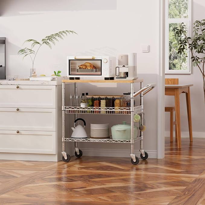 3 Tier Rolling Kitchen Carts with Wheels, Heavy Duty Rolling Utility Cart with Wood Tabletop, Commercial Grade Metal Cart with Handle and Hooks, NSF Storage Serving Island Carts, Light Wood+Metal