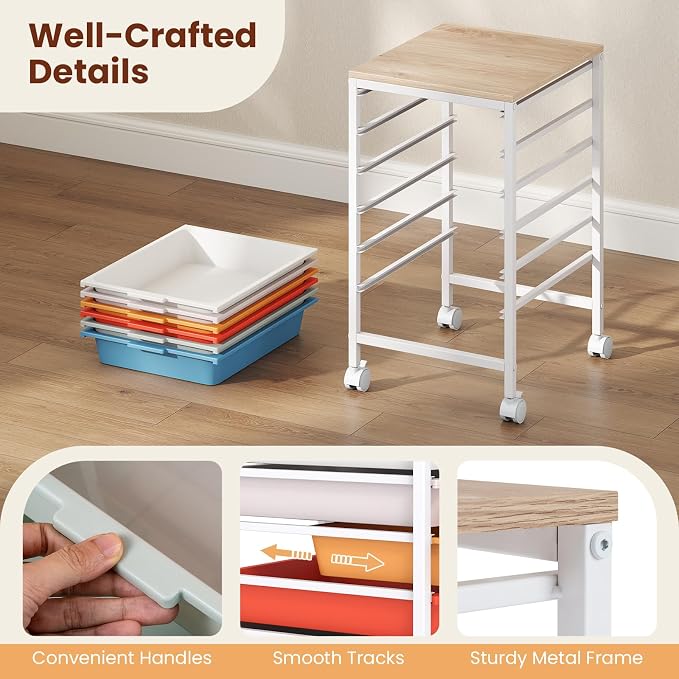 Giantex Rolling Storage Cart with 6 Drawers, Utility Cart w/Wooden Tabletop, Lockable Wheels, Multipurpose Organizer for Art Craft Scrapbooks Paper, Drawer Carts for Dorm Classroom Office, Macaron