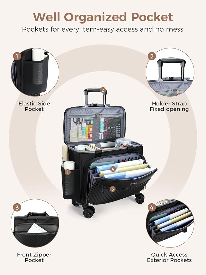 Rolling Teacher Bag with 4-Wheels 360° Spinner, Hardside Large | Laptop Rolling Briefcase for Women Teacher Office Craft Nurse, Roller Tote Work Bag with Accordion File, V-Quilted Black