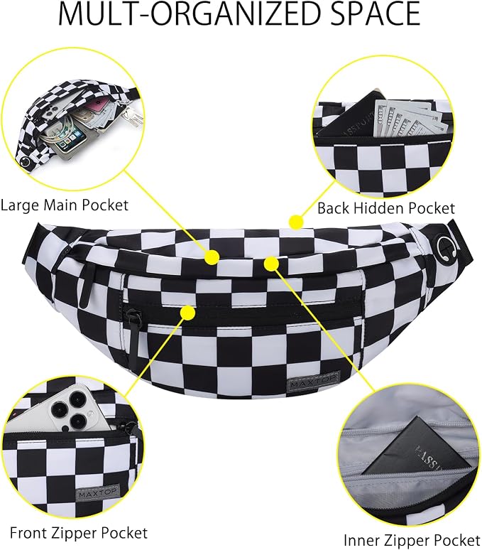 MAXTOP Large Checkered Fanny Pack Crossbody Belt Bag for Shopping Traveling | Black and White Checkered,4-Zipper Pockets,Enjoy Shopping Sports Running Casual Hands-Free Passport Waist Bag
