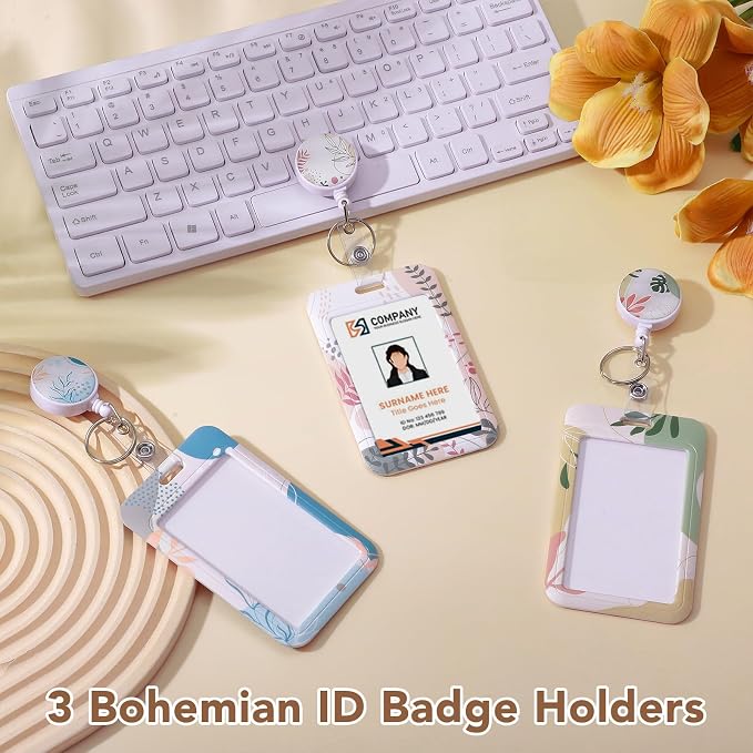 3 Set Boho ID Badge Holder with Retractable Reel, Retractable ID Badge Holders with Clip Name Badge Holders for Teacher Nurse Doctor Student Office Gift for Coworkers