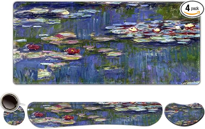 ToLuLu Extended Gaming Mouse Pad, Ergonomic Keyboard Mouse Wrist Rest Set | Large Desk Mat with Stitched Edges, Non-Slip Base Memory Foam Support Mousepad for Home Office Game, Monet Water Lilies