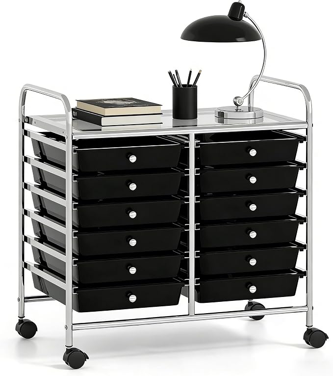 COSTWAY 12-Drawer Rolling Storage Cart, Utility Storage Organizer Cart | For Tools, Scrapbook, Paper, Craft, Multipurpose Art Supply Organizer on Wheels for Home Office School, Teacher, Black