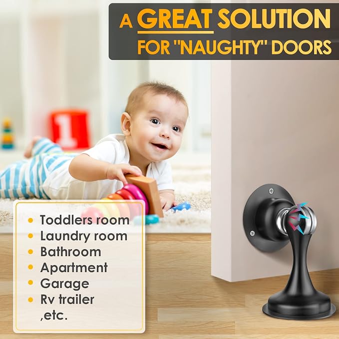 Door Stoppers Magnetic Door Catch - Stainless Steel Heavy Duty Door Holder Stops for Bottom Top of Door - Wall Floor Mounting No Drill 3M Adhesive & Screws Strong Magnet Keep Door Open 1 Pack