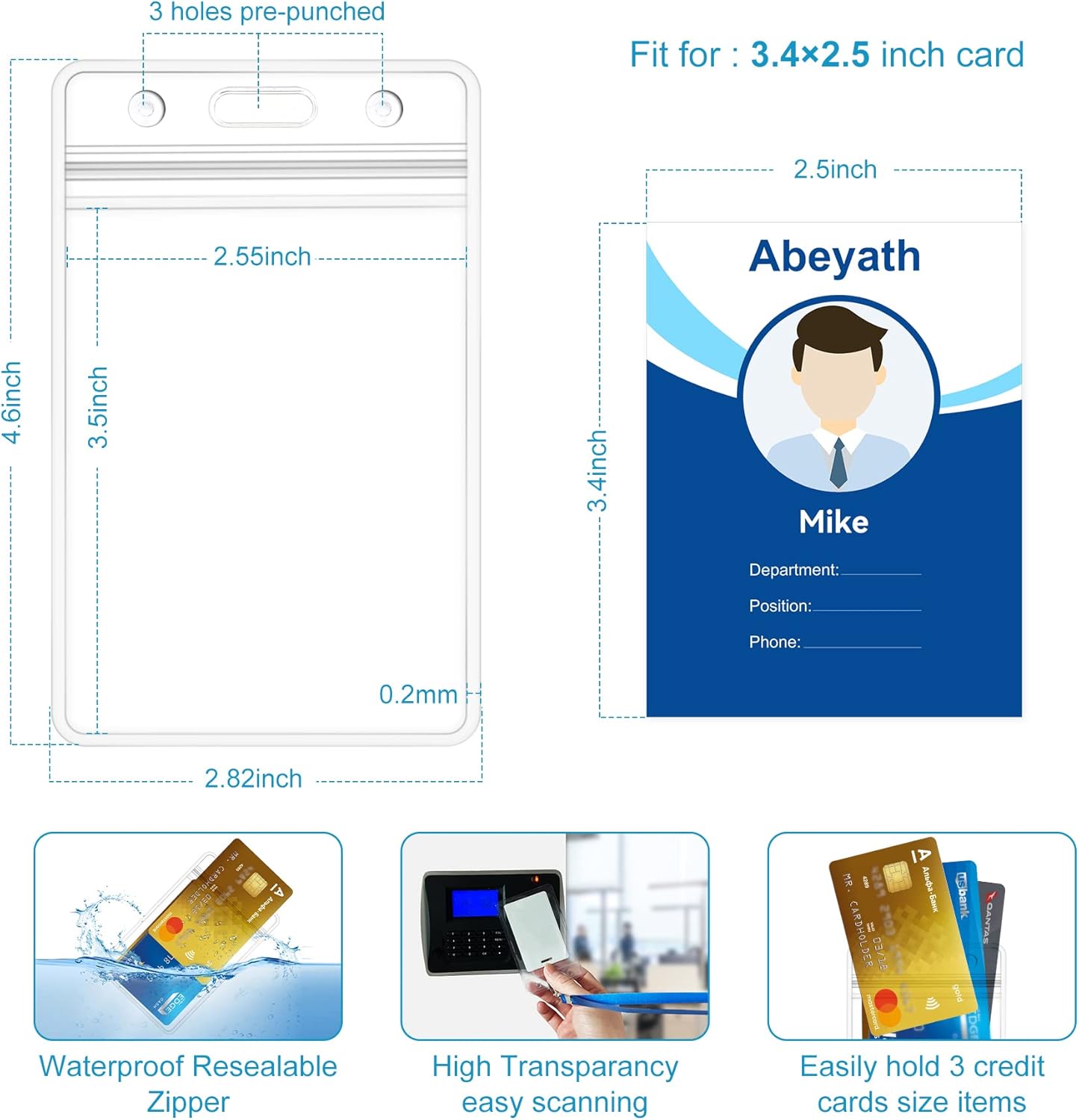 200 Pack Extra Thick ID Badge Holder Vertical Clear ID Card Holder with Waterproof Resealable Zip Name Tag Holder for Nurses, School and Office（ 2.25x3.5Inch）