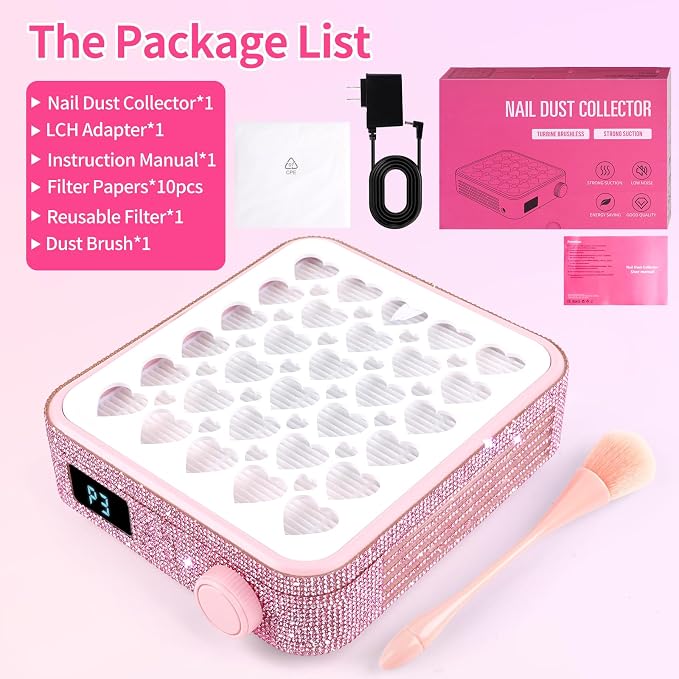 BQAN Portable Nail Dust Collector with 4200RPM Fan Pink Rhinestones | 10pcs Filter Papers Include & Nail Brush | Strong Suction | Adjustable Speed | For Acrylic & Gel | Professional & Home Use
