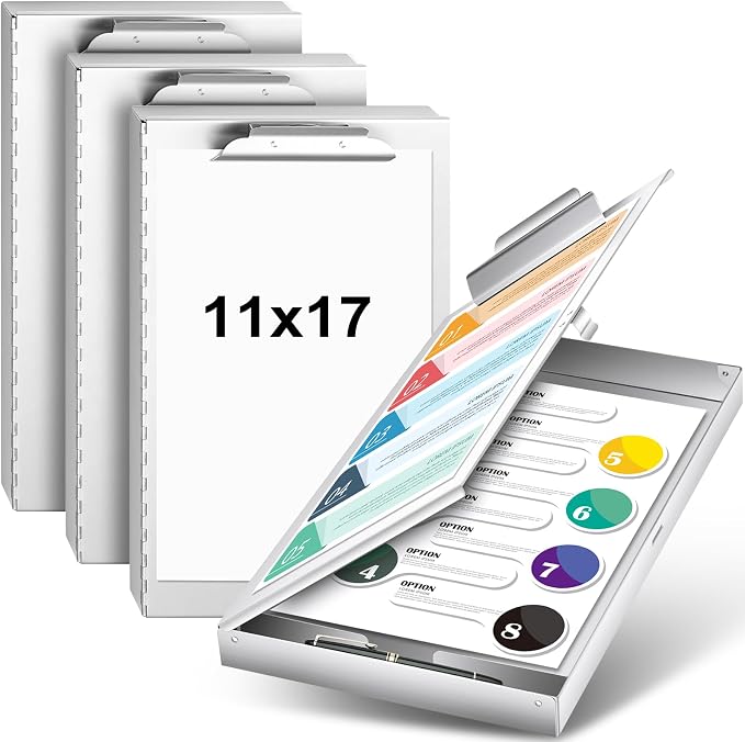 3 Pcs Aluminum 11'' x 17'' Clipboard with Storage Heavy Duty Metal Lightweight Form Holder with Capacity Clip 1 Compartment Clipboard for Student Teacher