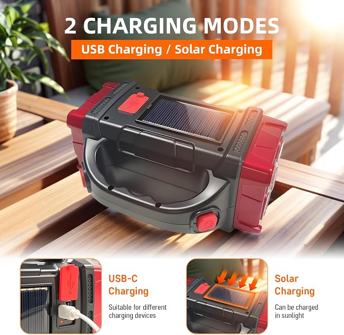 Solar Handheld Flashlight, 4 Lighting Modes Rechargeable LED Work Light, USB-C & Solar Powered Portable Lantern,Emergency Camping Light for Outdoor, Hiking, Power Outage (Gold-1pcs)