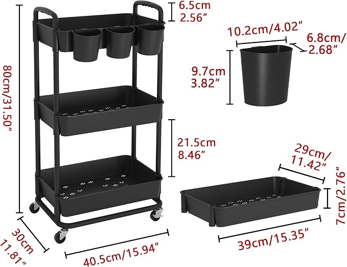 3-Tier Plastic Rolling Storage Cart Utility Cart Black | Utility Cart with Extra Hanging Cups Arc-Shaped Handles Lockable Wheels for Living Room Bathroom Kitchen Office