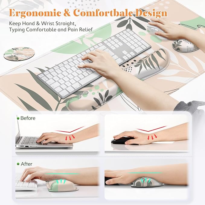 Gimars 4 in 1 Mouse Pad and Keyboard Wrist Rest Set, Large Mouse Pad with Memory Foam Wrist Support Pad for Desk with Coaster, Easy Typing Pain Relief, Gaming Office Home 31.5x12 inch, Morandi Beige