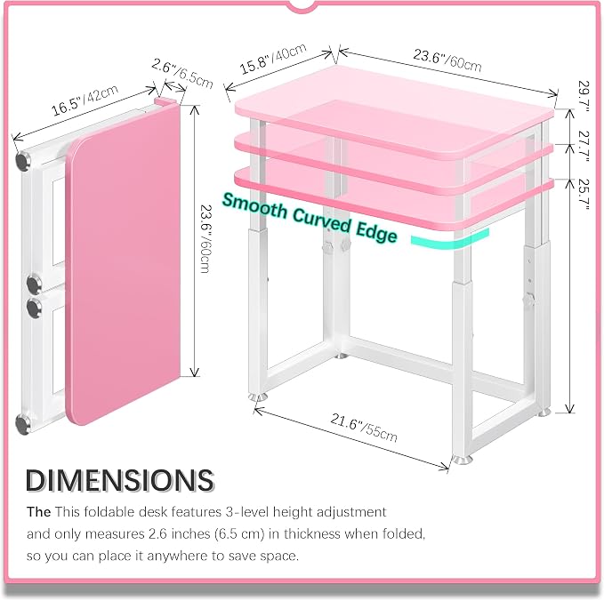 4NM No Tool Assembly 23.6" Small Desk, Folding Portable Desk with Wheels, Adjustable Height Foldable Computer Home Office Desks, Collapsible Study Writing Table for Space Saving Bedroom - Pink White