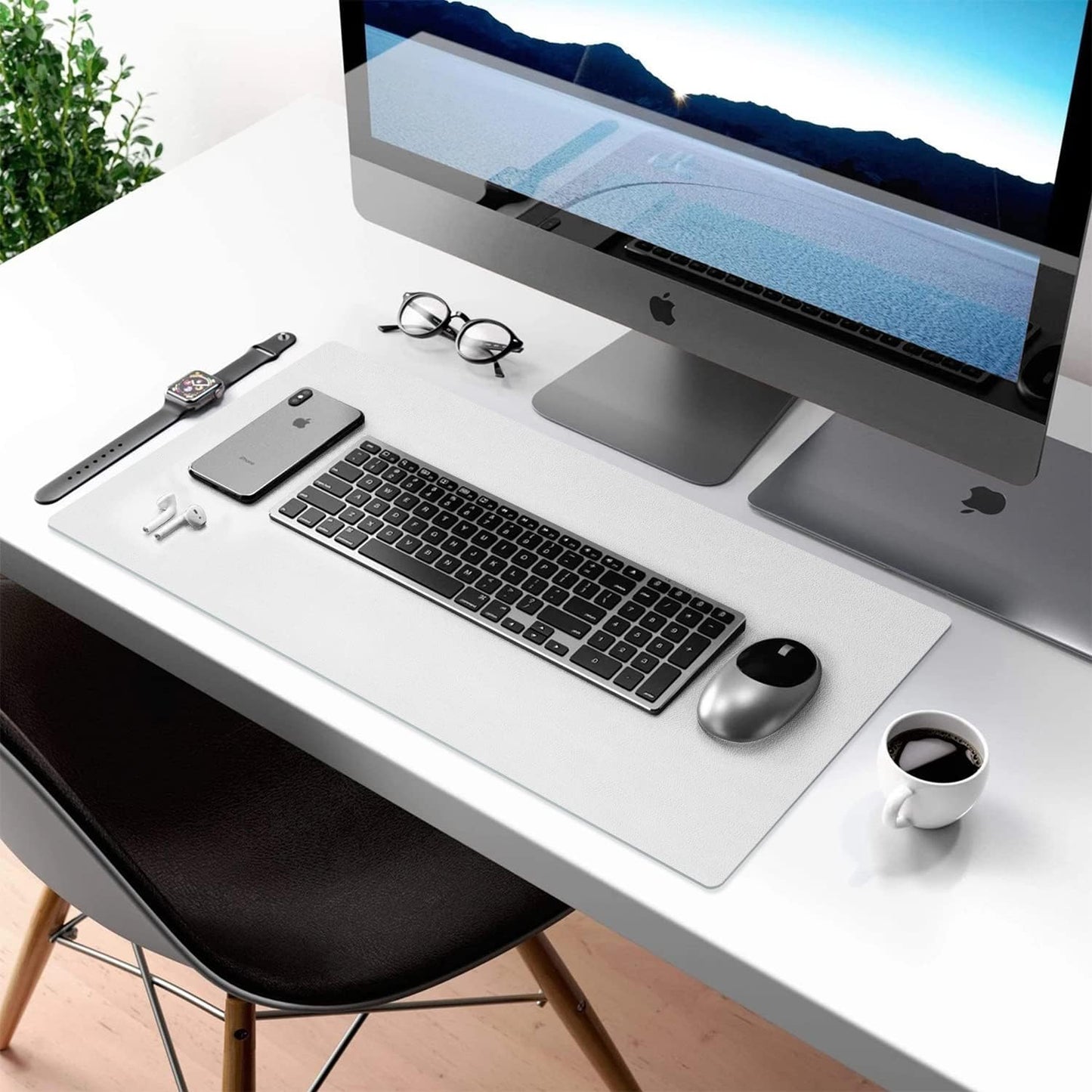 Aothia Double-Sided PU Leather Desk Pad - Non-Slip Large Mouse Pad & Desk Mat for Office, Home - Waterproof, Easy to Clean, Durable Dual-Sided Surface (23.6"x13.7", White)