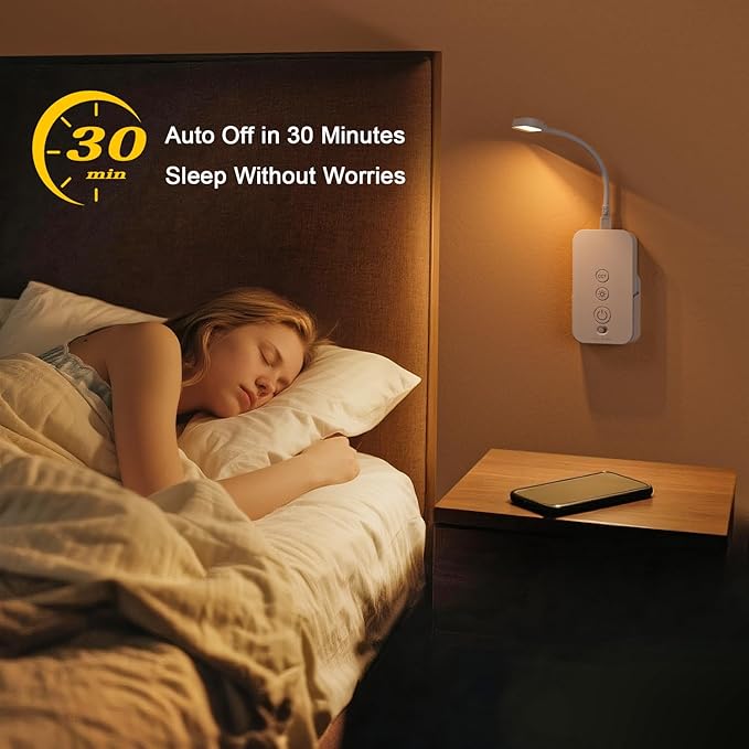 Ellasay Wall Mounted Reading Light: Dimmable LED Night Lights with Timer & Memory - Adjustable Gooseneck USB Powered - Easy Install for Kids Bedroom/Dorm Room/RV 2 Pack (White)
