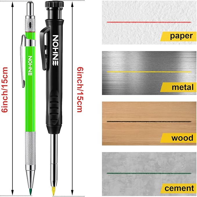 Enhon 4 Pack Carpenter Pencil Set with Sharpener, Green/Red/Black/Yellow | 45mm Deep-Reach Tip, 36 Refill Leads, 2mm & 2.8mm Lead Sizes, Durable Construction, Pocket Clip, Multi-Surface Drawing