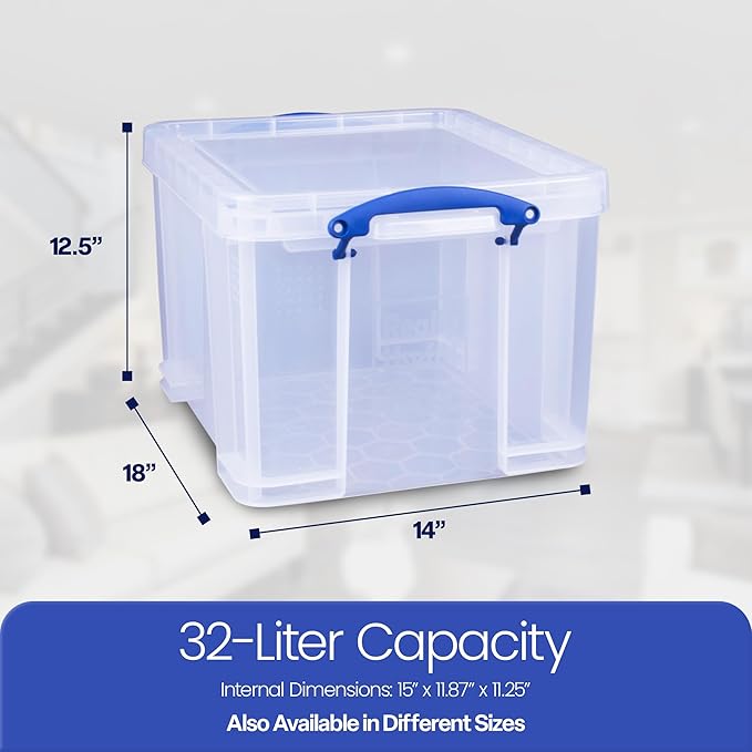 Really Useful Box 32 Liters Storage Bin Container with Snap Lid and Clip Lock Handles for Lidded Home and Office Storage Organization, 6 Pack
