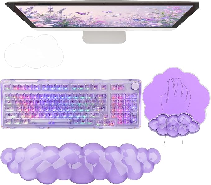 Gel Cloud Wrist Rest Keyboard Clear Purple Mouse Pad with Wrist Rest Set 3PCS Ergonomic Cool Keyboard Wrist Pad Cute Acrylic Coaster Non-Slip Base Cute Transparent Mouse Wrist Pad Support for Computer