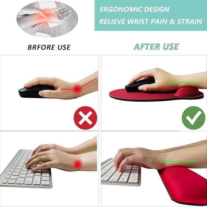 Keyboard Wrist Rest Pad Mouse Pad with Wrist Support Set of 3, Mousepad with Non-Slip Rubber Base, Ergonomic Memory Foam Mouse Wrist Cushion Support for Home Office Laptop Computer Gaming, Red