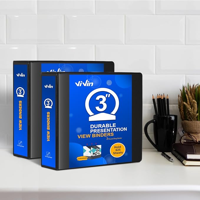 ViVin 3 Ring Binder 3 inch with Clear View Cover, Large 3" Round Ring for Strength, Holds 600 Sheets of US Letter Size Paper, Office Home School, 6 Pack (Black)