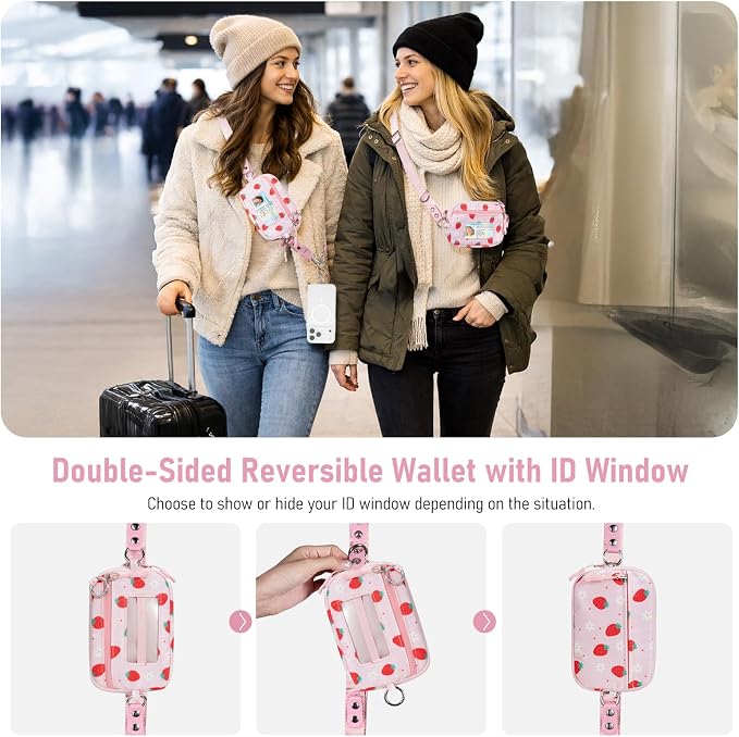 Tiostep Clip and Go Strap for Phone with Wallet Crossbody Phone Lanyard Adjustable and Detachable RFID Wristlet Wallet (Strawberry, Medium)
