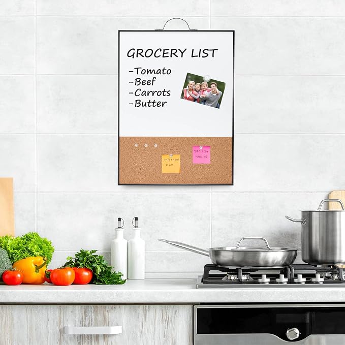 Small Whiteboard Cork-Board - 16" X 12" Portable Aluminum Black Framed Magnetic Dry Erase Board, Small Bulletin Cork Board with Holder for Office, Home and School