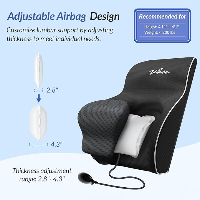 ZIKEE Lumbar Support Pillow with Adjustable Airbag for Back Pain Relief | Ergonomic Memory Foam Back Support Pillow, Provides Comfortable Support & Improves Posture, Fits Office Chair, Car Seat, Home