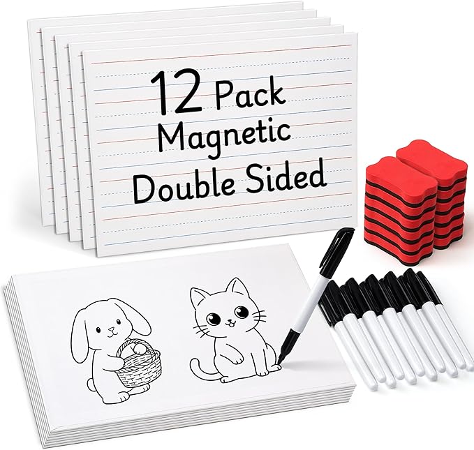 GAMENOTE 12 Pack Magnetic Dry Erase Lap Boards, Lined and Blank, 9 x 12 in | 12 pack double sided 9 x 12 boards pair a lined side with a blank side for reusable writing practice