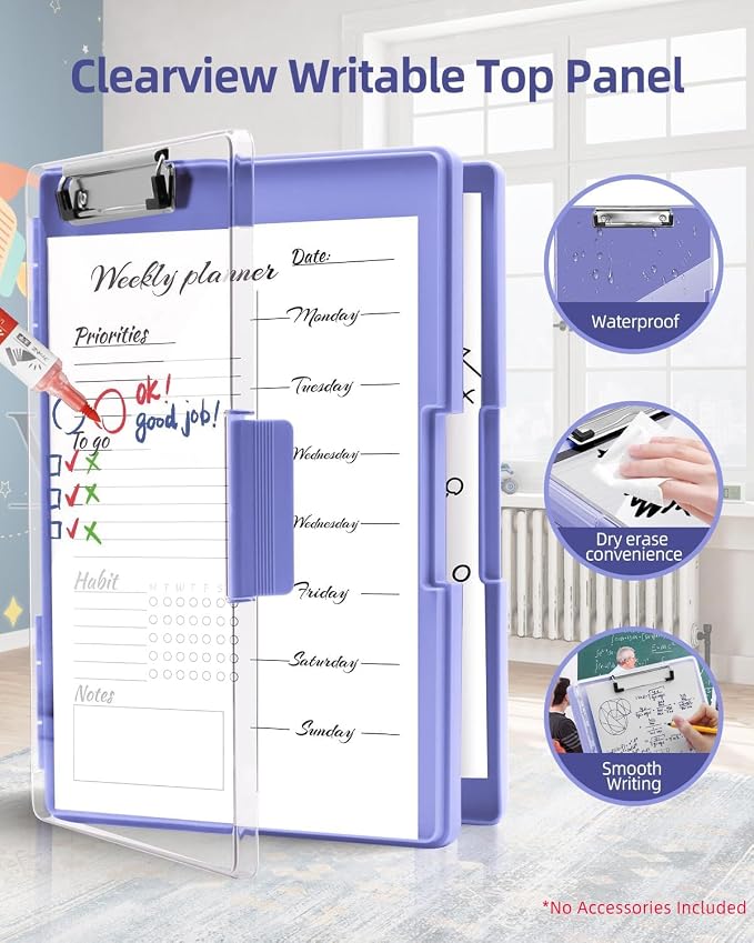 Clearview Clipboard with 2 Storage, Dry Erase 8.5x11 Heavy Duty ClipBoards - High Capacity Coaches Clip Board with Pen Holder - Side Opening Plastic Nursing Clip Case (Light Purple)