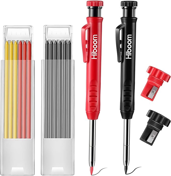 Hiboom 2 Pack Mechanical Deep Hole Carpenter Pencil, 14 Refills | Deep Hole Marker, Long Reach Tip, Built-in Sharpener, Wood, Metal, Concrete, Construction, Woodworking, Architect