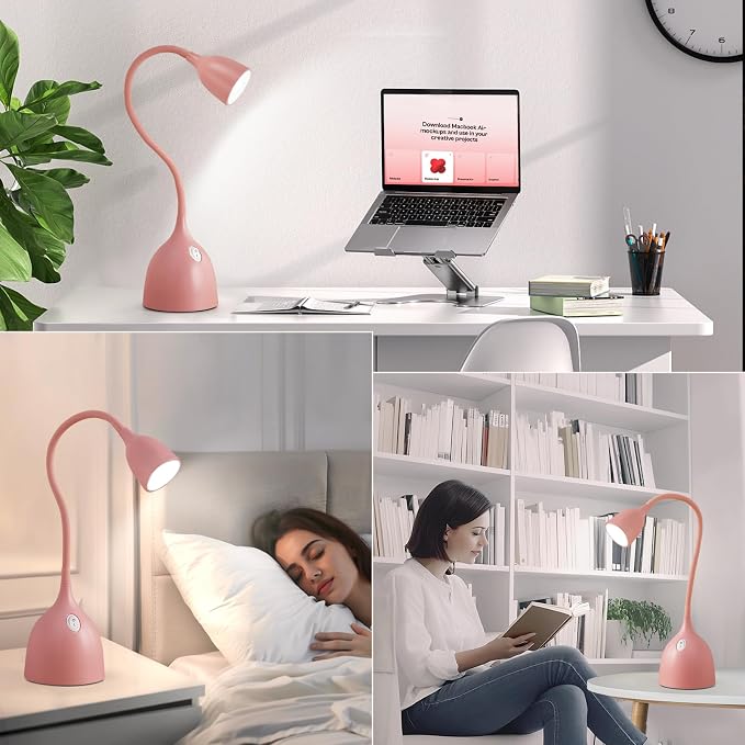 EJIAXIN Gooseneck Desk Lamp 360° LED Flexible Reading Light Small Desk Lamps for Small Spaces Home Office Bedroom College Dorm Desk Bookshelf Nightstand Table Lamp (Pink)