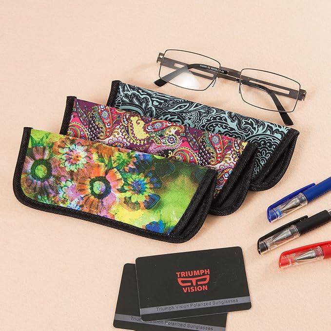 TRIUMPH VISION 3 Pack Reading Glasses Pouch Soft Case Eyeglass Sleeve Slim | Alternative to Bulky Case in bag, Lightweight Lined Padded Protect Optical lens Slip in, Cute Pattern Portable for Daily Use