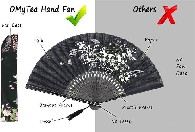 OMyTea Folding Hand Fan for Women - Foldable Japanese Chinese Oriental Vintage Retro Bamboo Silk Fan - for Church, Decoration, Hot Flash, Dance, Performance, Party, Gift (Black Grassflowers)