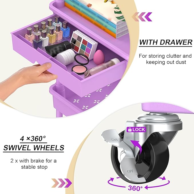 Goovilla 3 Tier Rolling Utility Cart Organizer with Removable Drawer,Purple | Stable and Sturdy Rolling Storage Carts with 2 Lockable Wheels for Bathroom, Kitchen, Snack, Craft, Makeup, Baby Essentials