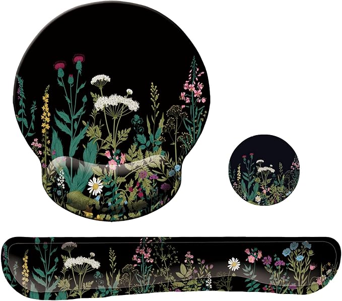 Keyboard Wrist Rest Pad Mouse Pad with Wrist Support Set of 3, Mousepad with Non-Slip Rubber Base, Ergonomic Memory Foam Mouse Wrist Cushion Support for Home Office Laptop Computer, Flowers Grass