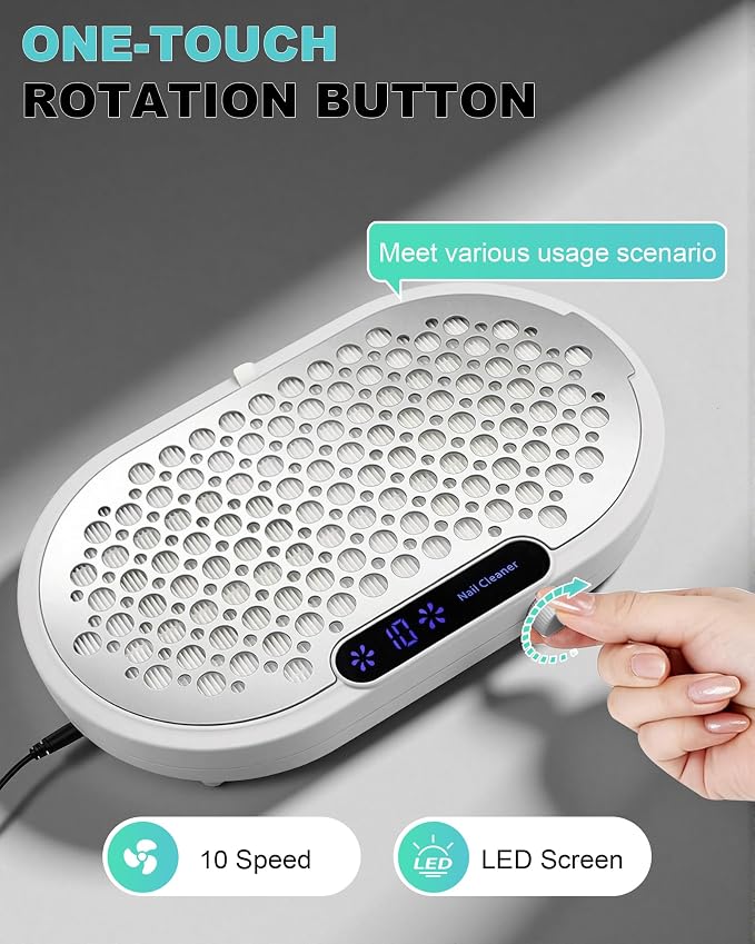 Nail Dust Collector for Nail Tech, 4000RPM Brushless Nail Fan with Dual Turbo, 360° Suction Manicure Dust Vacuum Extractor for Acrylic Dip Gel Polish, Low Noise, 30 Filters—White