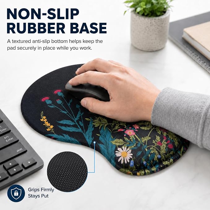Mouse Pad with Wrist Rest Ergonomic Memory Foam Support, Non-Slip Rubber Base, Comfortable Typing Cushion for Home Office Computer Laptop, Flowers Grass