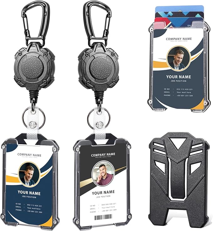 Badge Holder Retractable Clip Heavy Duty Carabiner Badge Reel Keychain with Id Cards Holder Cool Tactical ID Holder (2 Holders and 2 Badge Reels Black # 04)