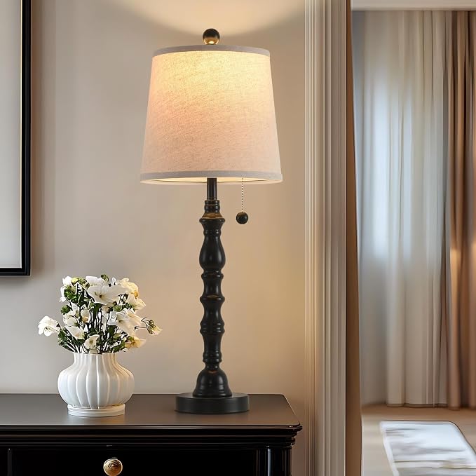 Terpsichore Modern Farmhouse Table Lamp Bedside Reading Lamps Living Room End Tables Set Lamps for Night Stands Bedroom Night Lamp,High 26.26 Inch,Black,with Fabric Lamp Shade,Bulb Not Included
