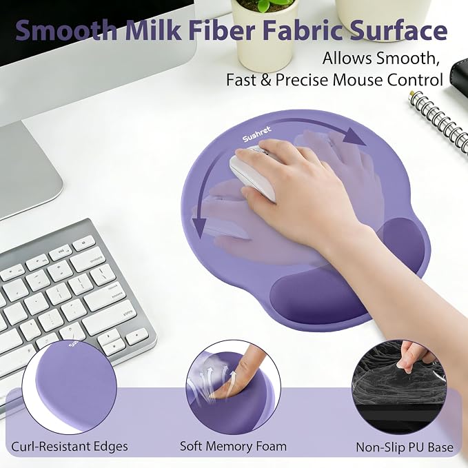 Mouse Pad and Keyboard Wrist Rest, 3-in-1 Gel Memory Foam Ergonomic Mouse Pad with Wrist Rest Set, Gaming Mousepad Arm Cushion Support for Computer Office Desk Accessories Cute Setup, Purple