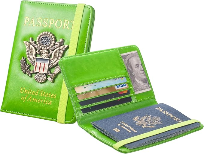 RFID Passport Holder for Travel Men, US Passport Cover Wallet Case, RFID Blocking Waterproof Leather Travel Wallet for Men Women, Document Protector for Traveling-Green