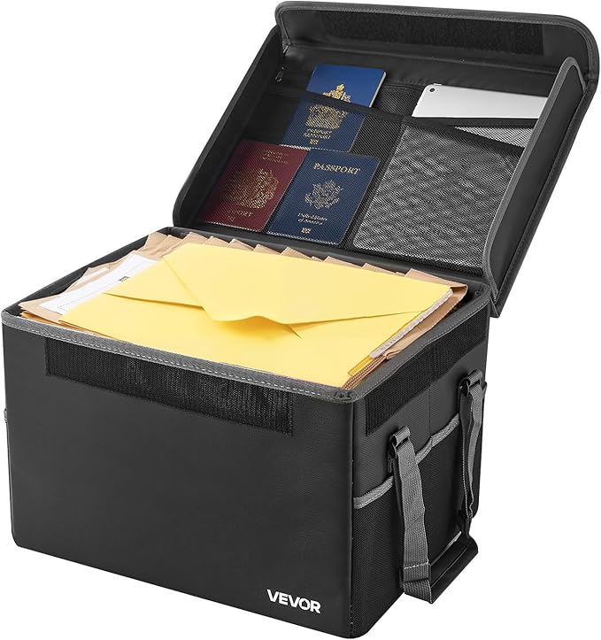 VEVOR Fireproof Document Box, 1832 ℉ Heat Insulated Fireproof & Waterproof Box, Space-Saving and Foldable Design, Portable Home Office Travel File Organizer, for Passports, Important Documents, Files
