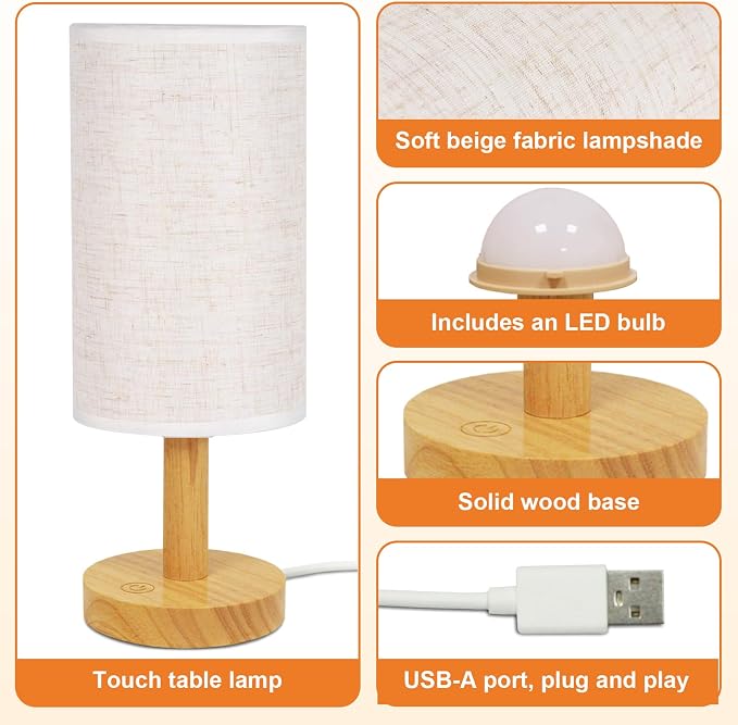 Touch Bedside Table Lamp - Stepless Dimming USB Powered, Minimalist Wood Base Linen Shade, 2700K Warm Light for Bedroom Nightstand Nursery Dorm Small Spaces, 5W LED 50K Hrs (No Bulb Replacement)