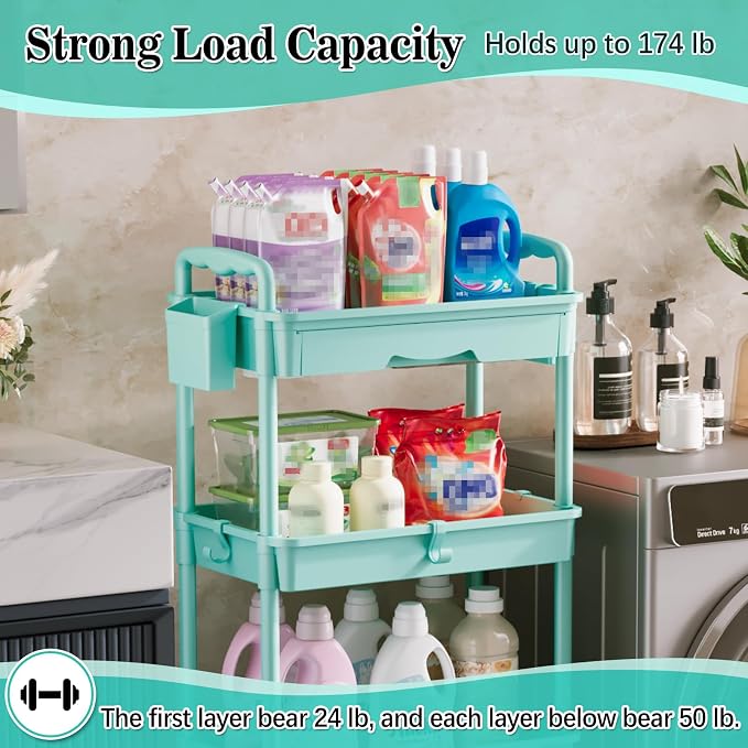 SUNALLY 4 Tier Rolling Cart with Drawer, Craft Storage Cart Organizer, Blue | Bathroom Storage Organizer with 2 Lockable Wheels, Rolling Utility Cart for Kitchen, Office, Baby, Makeup, Nail,Snack,Laundry
